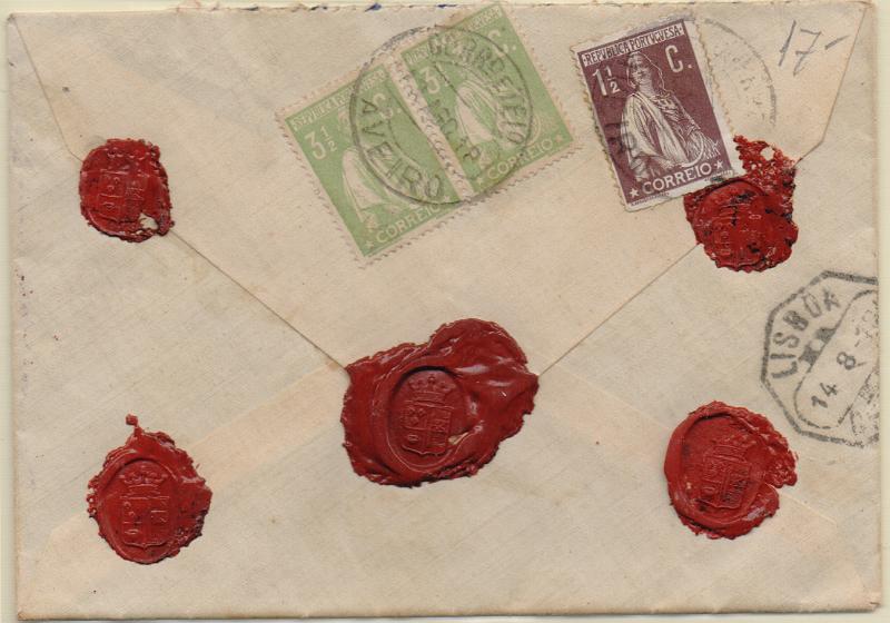 2641 f.jpg -     Lote:    2641 (frente)      Lotes pelo Correio              Descrição:         1912/20 &mdash; Ceres. Sobrescrito circulado registado de Aveiro (12.08.18) para Lisboa (14.08.18) com selos de 1 &frac12; c CE209 e par de 3 &frac12; c CE225.        Carta       Valor Base:     &euro; 10,00     Valor Venda:     &euro;      